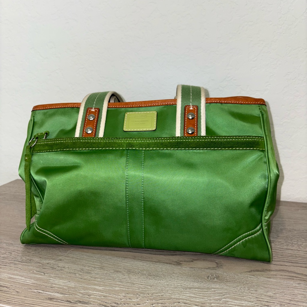 Coach Green Nylon Tote With Cream-Striped Handles And Brown Trim
